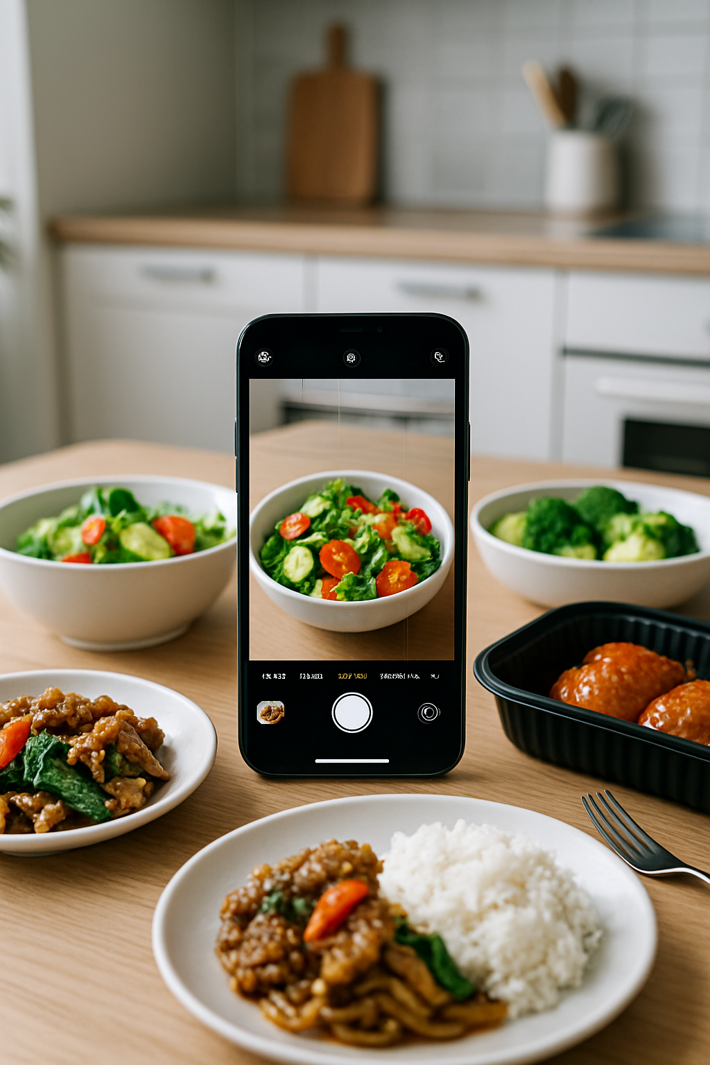 A smartphone displaying the SnapEat AI nutrition tracking app, analyzing a photo of a healthy meal with salmon and vegetables.