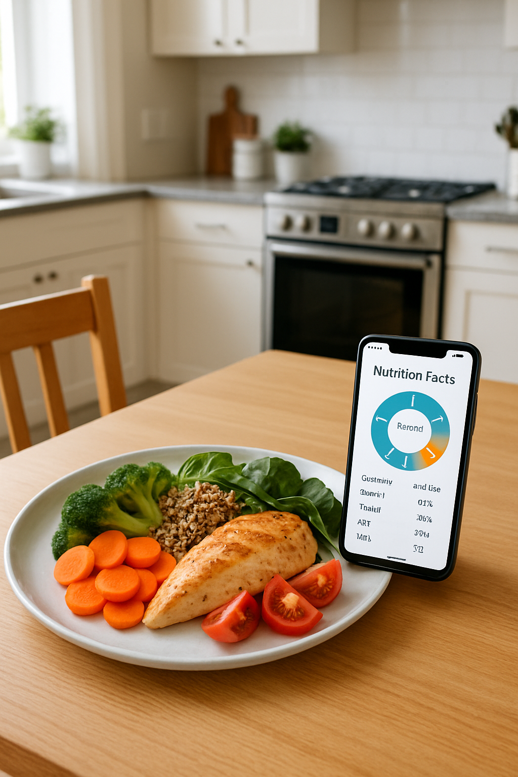 Smartphone showing the SnapEat AI app analyzing a photo of a healthy meal with chicken, broccoli, and quinoa.