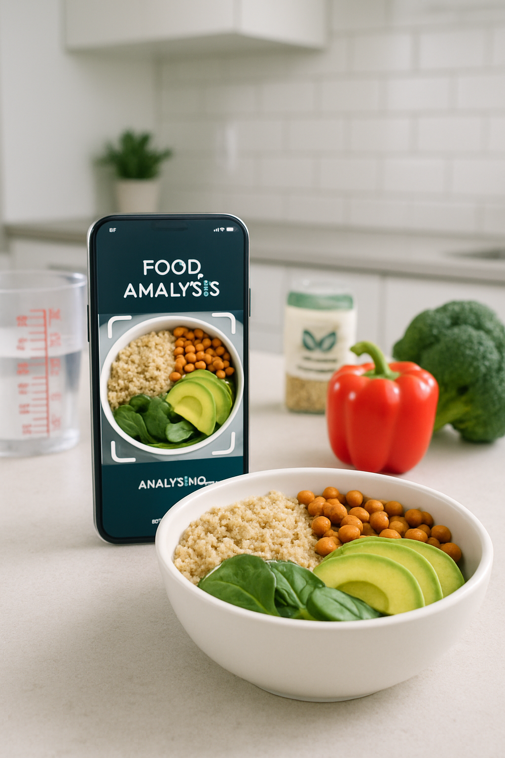 A smartphone showing an AI nutrition tracker app analyzing a bowl of salad, demonstrating how to track food by taking a picture.