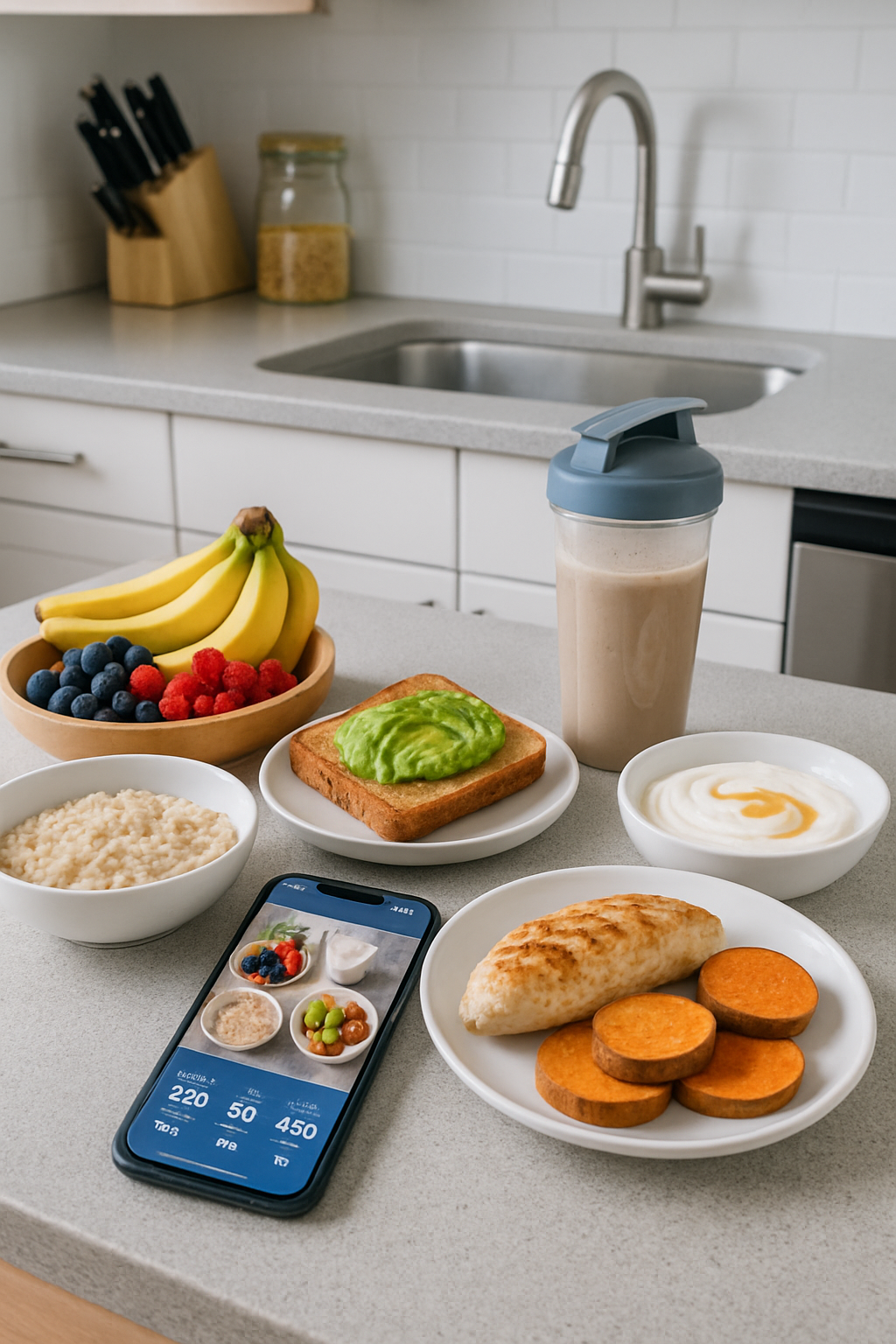 An athlete's healthy meal of salmon and vegetables being analyzed by the SnapEat AI nutrition tracker app on a smartphone.