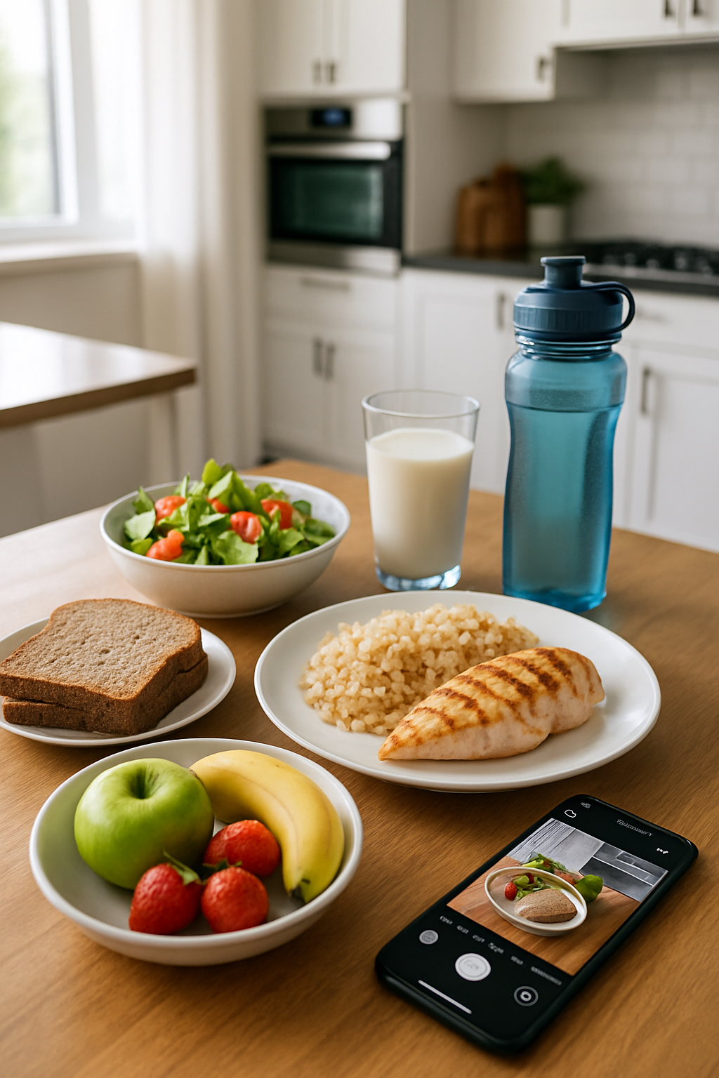 Athlete using the SnapEat AI nutrition tracker app to scan a plate of chicken and vegetables, demonstrating easy meal logging.