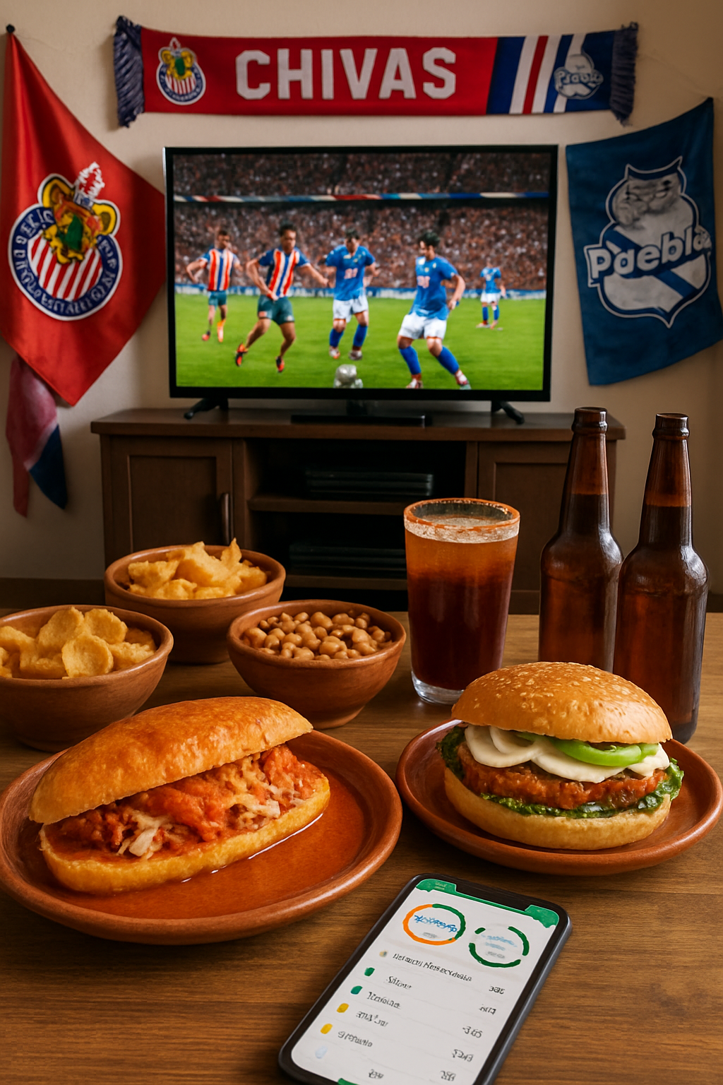 A soccer fan enjoying the Guadalajara vs Puebla game while tracking a game day meal of a torta and beer using the SnapEat AI app on a smartphone.