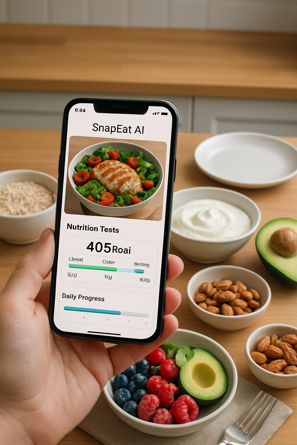 A smartphone showing the SnapEat AI nutrition tracker app analyzing a meal of grilled chicken salad on a plate