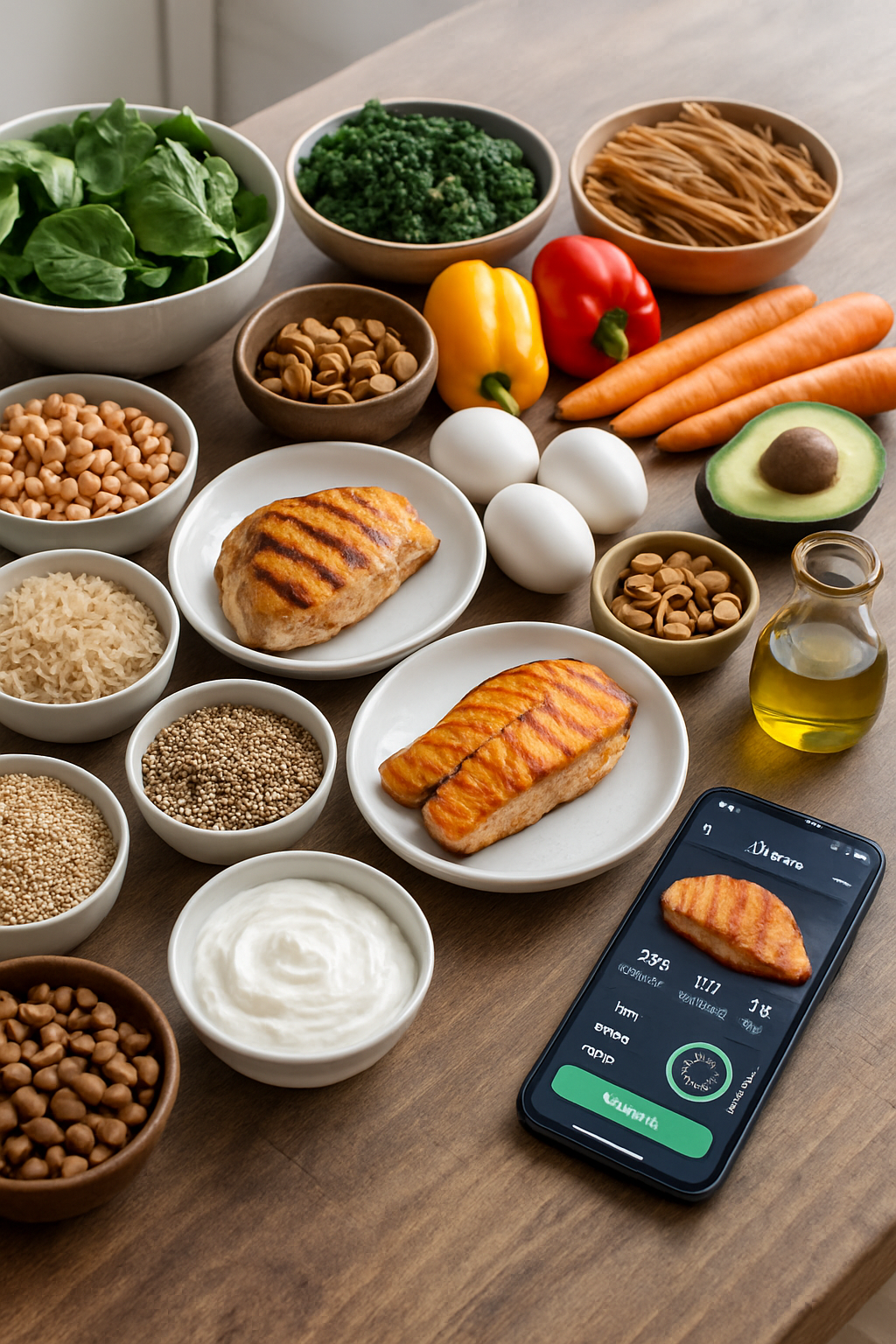 A baseball player analyzes a healthy meal of chicken, rice, and broccoli on their phone using the SnapEat AI nutrition tracker app.