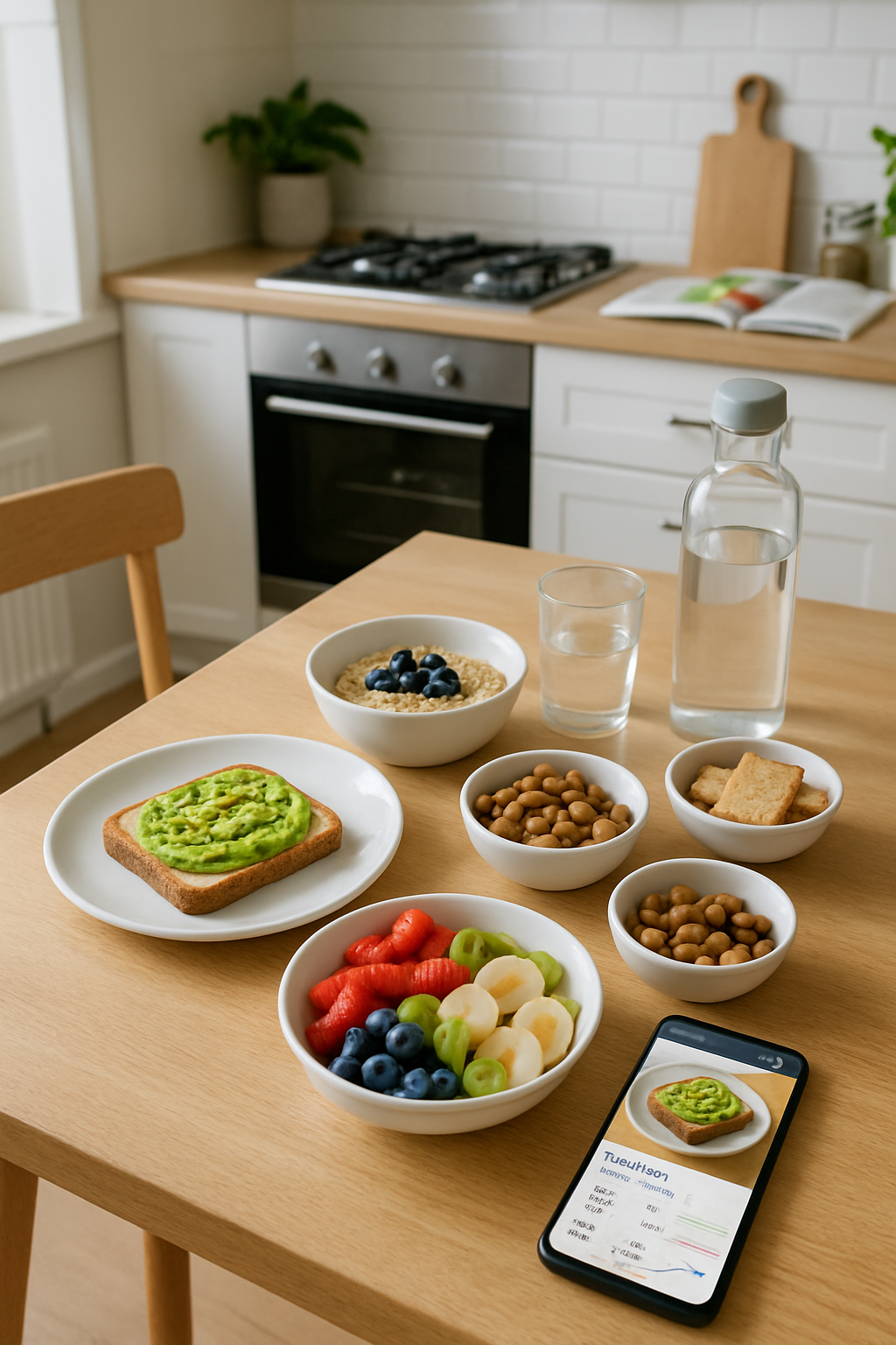 A healthy brunch meal being analyzed by the SnapEat AI smart food coach app on a smartphone, illustrating the concept of #domingo Wellness.