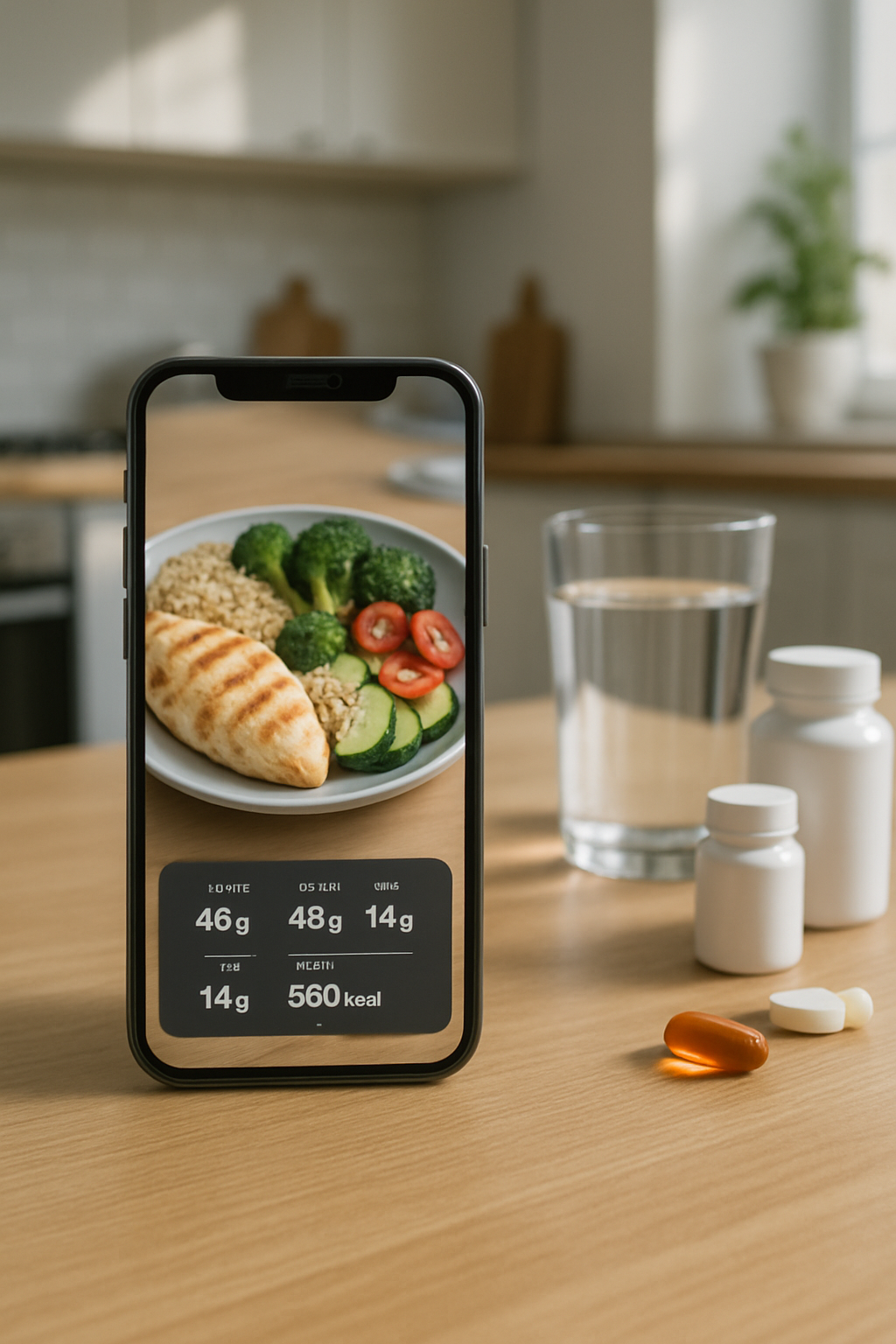 Athlete using the SnapEat AI nutrition tracker app on a smartphone to analyze a healthy meal.