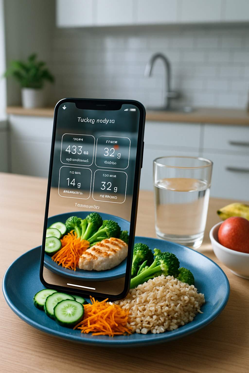 A smartphone displaying the SnapEat AI meal tracker app, which has identified a healthy meal from a photo.