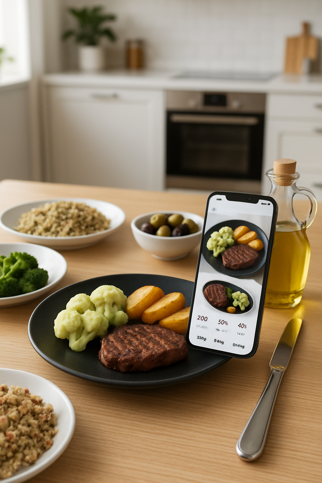 A smartphone displaying the SnapEat AI app interface, analyzing a photo of a meal to show calorie and macro data.