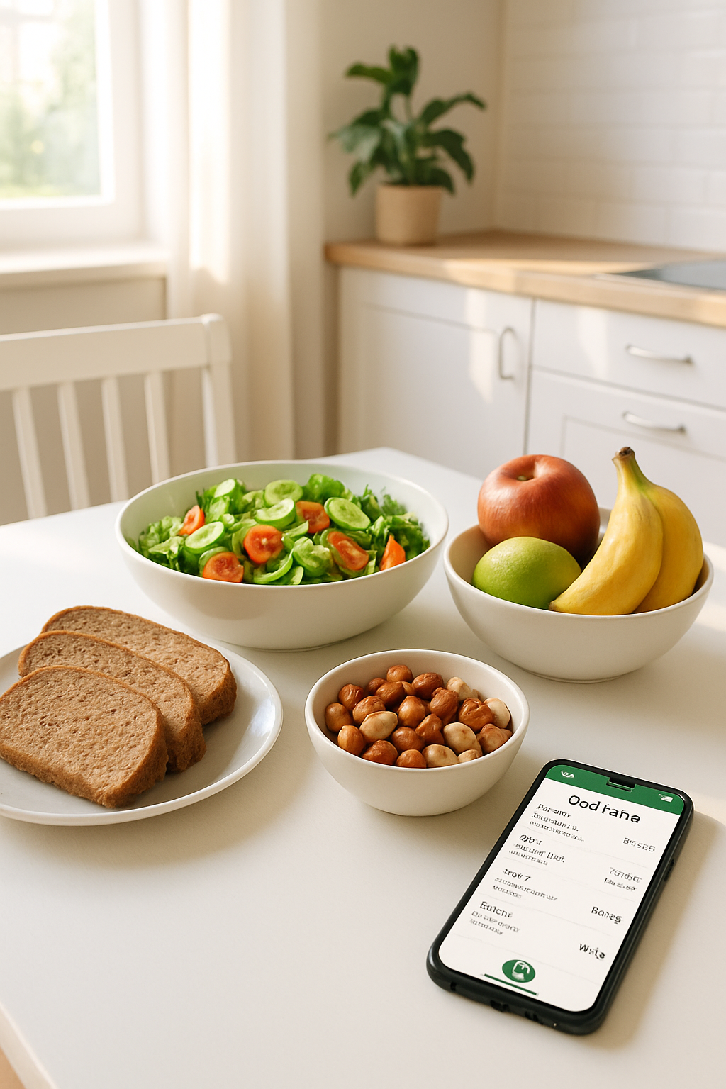 A person smiling at their phone displaying the SnapEat AI app next to a healthy meal, embodying the concept of Graceful Eating.