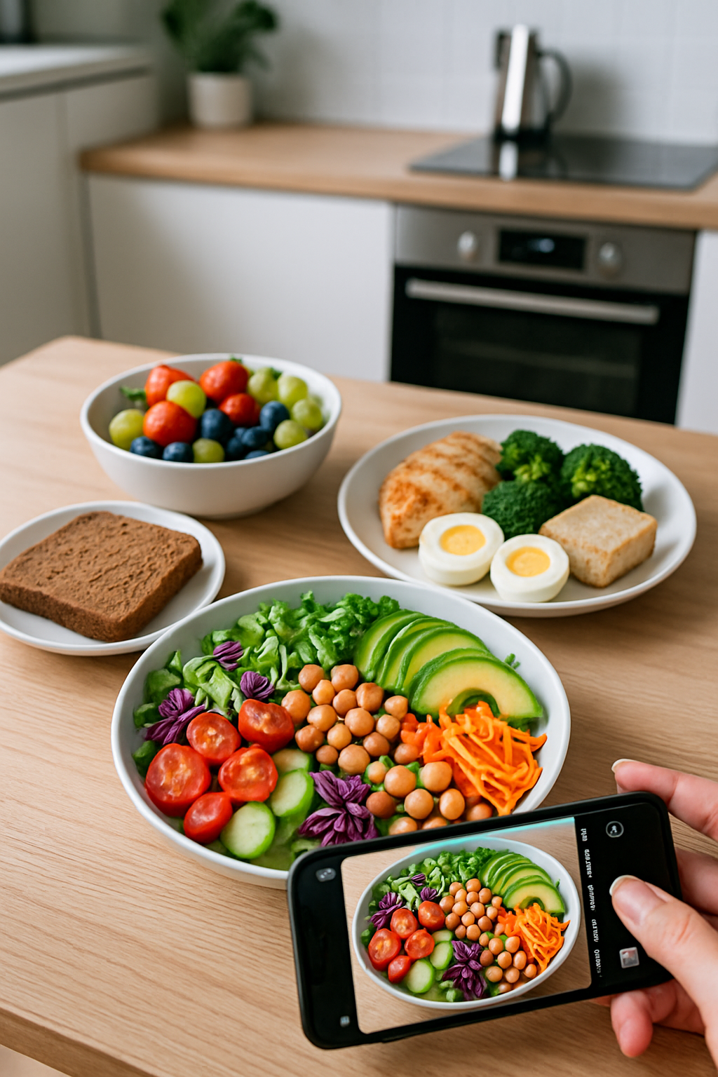 A person using the SnapEat AI food coach app on their smartphone to analyze the nutrition of a healthy salad in a white bowl.