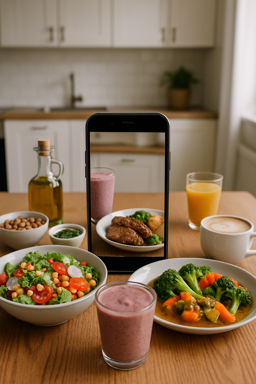 Smartphone displaying the SnapEat AI app interface, analyzing a salad to uncover hidden calories and provide a nutrition breakdown.
