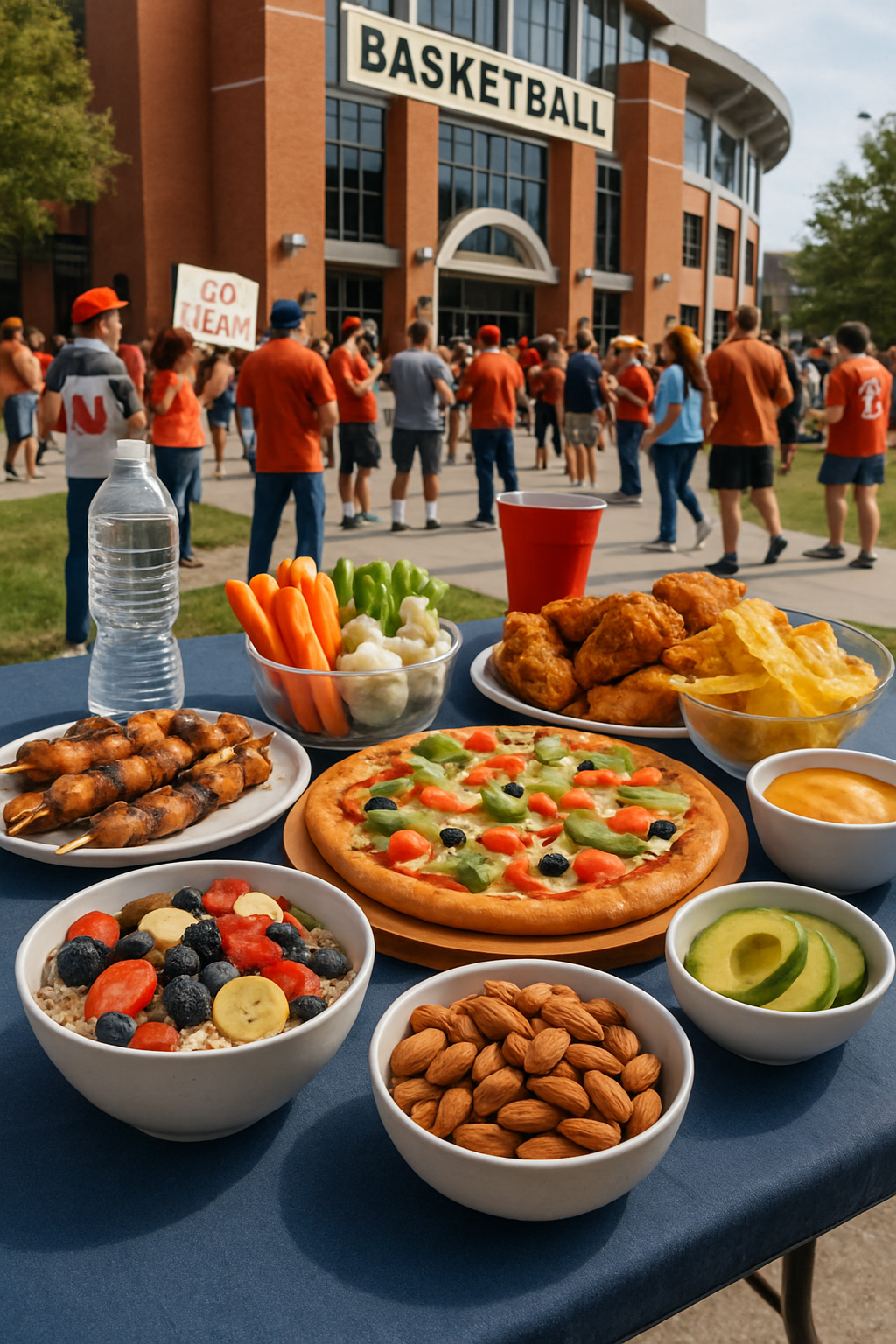 A vibrant and healthy game day food spread for the Duke vs NC State rivalry game, featuring grilled chicken and fresh vegetables.