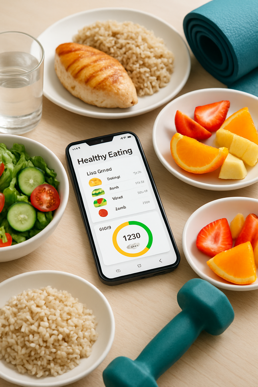 Smartphone showing the NutriCal AI app interface analyzing a photo of a healthy salad to automatically count calories and macros.