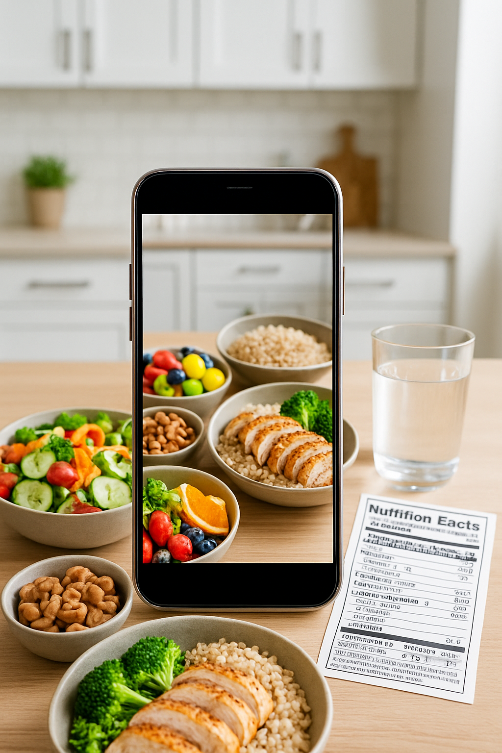 Smartphone showing the SnapEat AI nutrition coach app interface analyzing a photo of a healthy meal of chicken and vegetables.