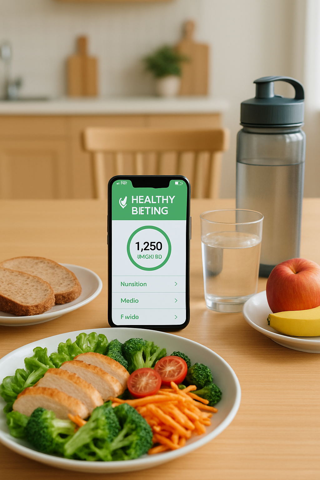 Smartphone screen showing the SnapEat AI food tracker app analyzing a picture of a salad with detailed nutritional information.