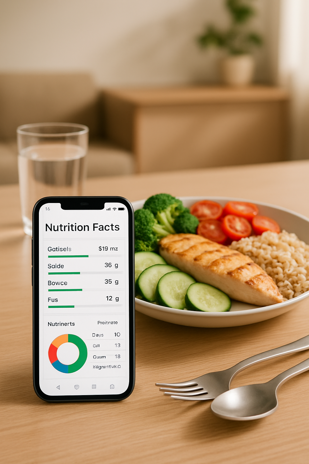A smartphone displaying the SnapEat AI food tracker app, using AI to analyze the nutrition of a bowl of salad.