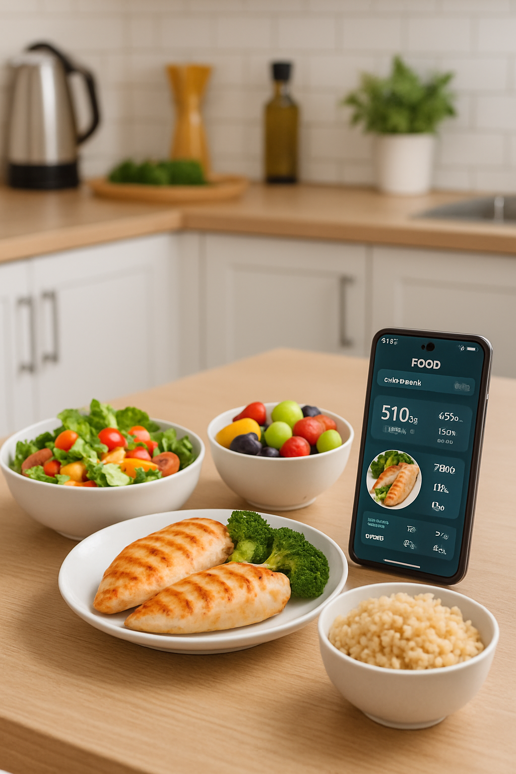 AI MealCoach app analyzing a healthy meal on a smartphone, demonstrating the calorie counter from photo feature.