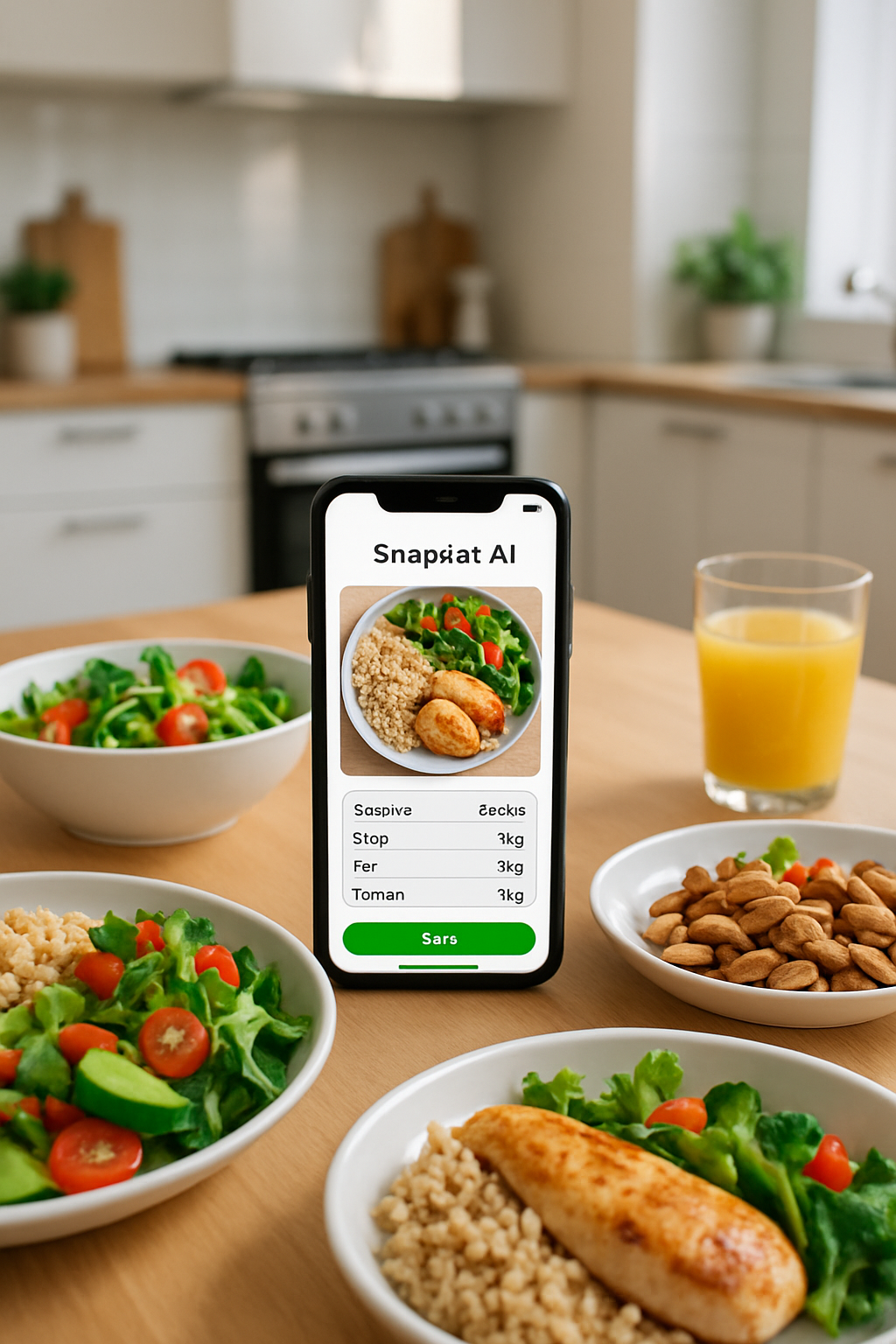 A person holding a phone with the SnapEat AI nutrition app, taking a photo of a healthy meal to track calories and macros.