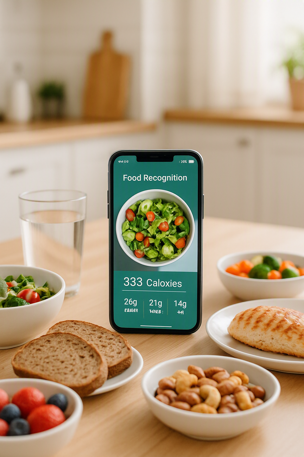 A smartphone with SnapEat AI nutrition app analyzing a healthy meal photo for calories and nutrients.
