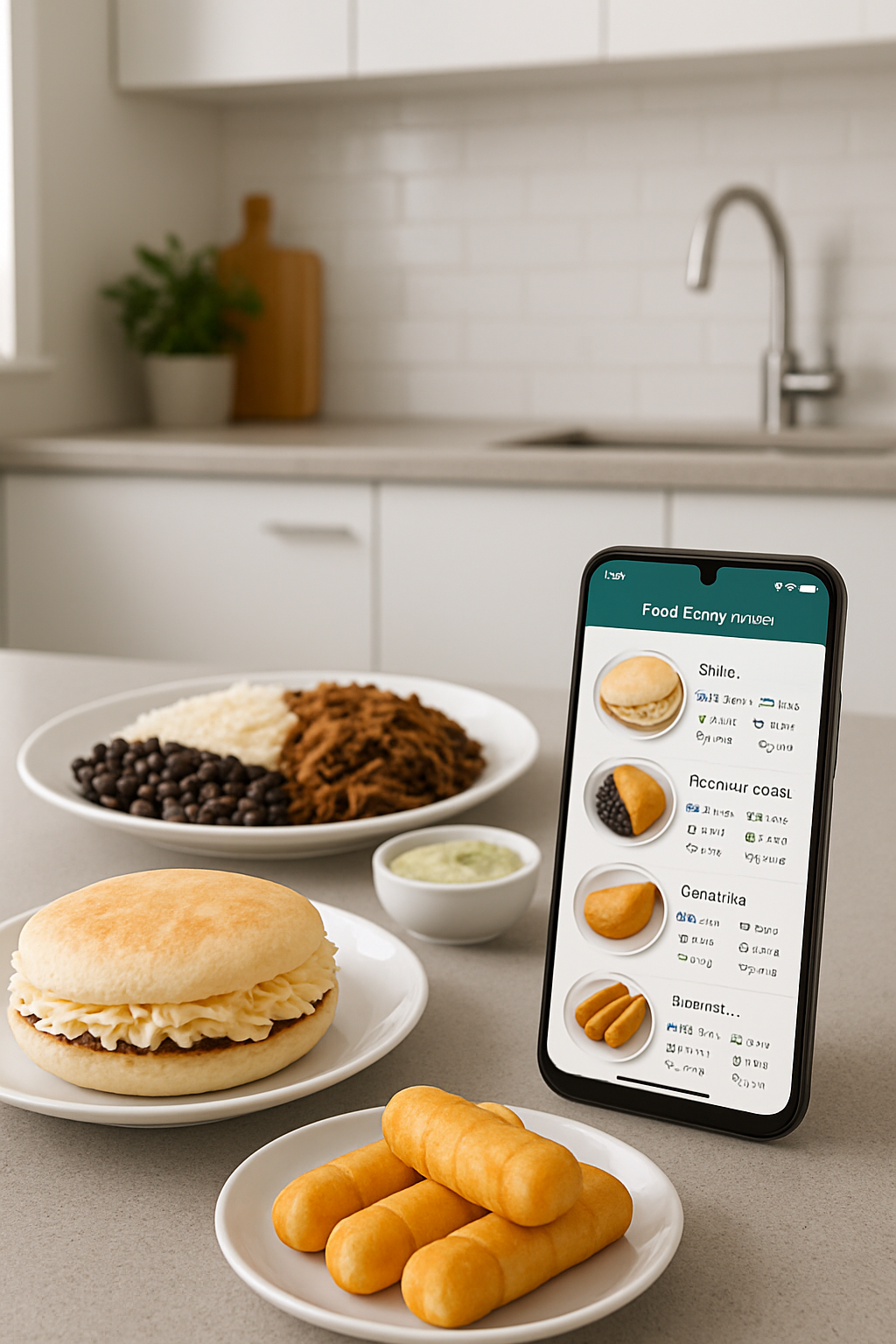 Smartphone displaying the SnapEat AI interface with a nutritional breakdown of a Venezuelan arepa, illustrating the app's food recognition capabilities.